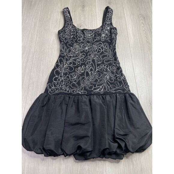 Sue Wong Dress Black White 4 Cocktail Bubble Hem Silk Soutache Lace Floral‎ - Picture 1 of 10